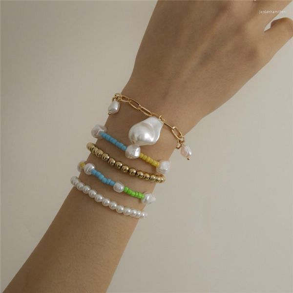 Chaîne à maillons 5 pièces/ensemble ethnique coloré perle irrégulière perle Hit couleur Bracelet ensemble pour femmes fille métal charme couches bracelets