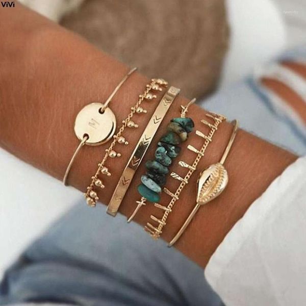 Link Chain 5 stks/set Geometrische Boho Retro Legering Disc Shell Grind Armband Vrouwen Sieraden Accessoires Fawn22