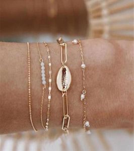 Chaîne de liaison 5pcs Bracelets féminins Set Perles de coquille en métal multicouche Chaînes en or Boho Bracelet Femme Antique Beach Chevaute Bijoux ACC67810707