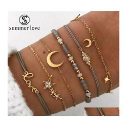 Cadena de eslabones 6 PCS / Set Star Moon Love Crystal Colgante Oro Acrílico Pulsera de cuentas para mujeres Classic Mtilayer Cuerda trenzada Gota Deliv DH8KD