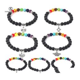 Cadena de eslabones 7 Chakra Healing Beads Bracelet 8Mm Lava Stone Tiger Eye Beads para Mujeres Hombres Moda Yoga Charm Jewelryz Drop Delivery Dhrws