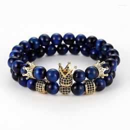 Linkketen 8 mm 2 -stks/Set F32 Elastische Natuur Blauw Tigereye Bead Micro Pave CZ Zirkoon Kubieke Zirkonia Crown BraceletLink Lars22