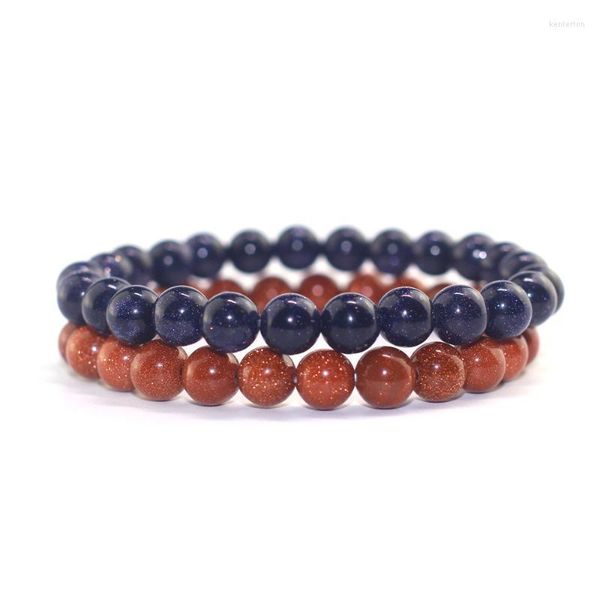 Cadena de eslabones, pulseras de cuentas de piedra de arena azul Natural de 8mm para mujeres y hombres, pulsera de oro, joyería de moda Kent22