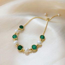 Link Chain Barokke Pearl Green Stone Round Bead Bracelet For Woman Classic Elegant Fashion Korean Jewelry Party Girl's Gift