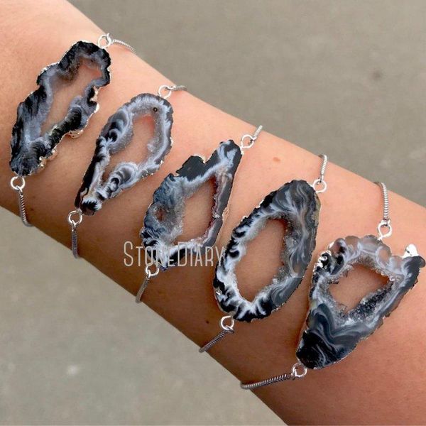 Enlace, Cadena BM14725 Plata Geoda Rebanada Pulsera Brazalete Ajustable Ágata Minimalista Negro Gris Piedra Joyería Boho