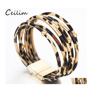 Chaîne à maillons Bracelets en cuir léopard bohème pour femmes hommes Bracelet à la mode bracelets élégants à la main Mtilayer Wrap large bracelet D Otqho