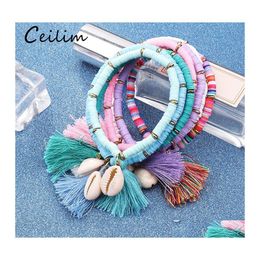 Cadena de eslabones Pulsera con dijes de concha bohemia Unisex Hecho a mano Cuentas de resina de color Mti tejidas con borlas Playa de verano Ajustable para mujeres D Otrox