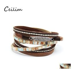 Chaîne à maillons Boho Mtilayer Wrap Cuff Bracelet en cuir Bracelet Colorf Bracelets en cristal Inspirational Cadeau personnalisé pour les femmes Teen Otxa9