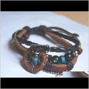 Lien, chaîne Bracelets livraison directe 2021 arrivée fait à la main indien capteur de rêves Bracelet avec des perles en bois Pu cuir femmes bijoux feuille de métal