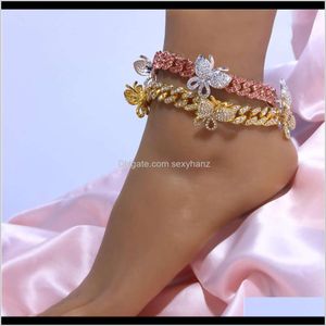 Link, kettingbeugels sieraden drop levering 2021 link Hip Hop Micro ingelegde zirkoon roze vlinder Cuba armbandheren en dames slot Anklet JK