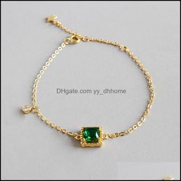 Lien chaîne Bracelets bijoux coréen à la mode carré vert émeraude Zircon lien 100% réel 925 Sterling Sier Bracelet pour les femmes Fine Ymb065 Drop