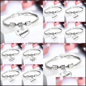 Lien chaîne Bracelets bijoux Sier serpent bracelets cristal coeur pendentifs anglais lettre membres de la famille Bracelet pour femmes fille en gros Dr