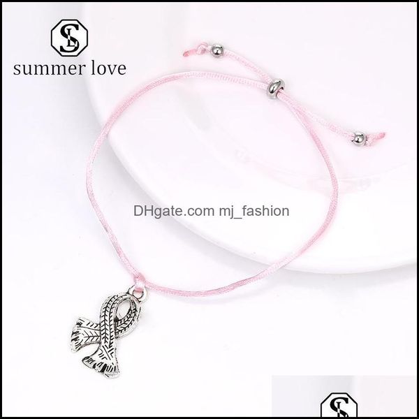 Cadena de eslabones Pulseras Joyas Cinta rosa de moda Cáncer de mama Pulsera Colgante Hacer una tarjeta de deseos A mano Amistad F Dhgbi