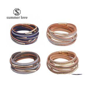 Chaîne à maillons Casual Femmes Mtiple Couches Bracelet En Cuir Cristal Tube En Métal Wrap Bracelet Avec Fermoir Magnétique Pour Les Filles Giftz Drop Dhq2J