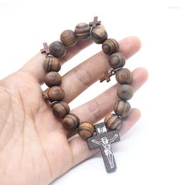 Lien Chaîne Christ Jésus Croix Bracelet Pour Femmes Hommes À La Main Naturel Perles En Bois Élastique Pulseiras Religieux Bijoux Cadeaux Trum22