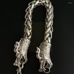 Cadena de eslabones Coleccionable Antiguo Tíbet Tejido de plata Pulsera chapada en dragón chino Doble hueco Silv P9t7 Fawn22