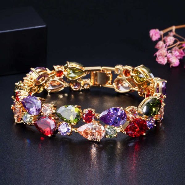 Cadena de eslabones CWWZircons Lujo Chapado en oro amarillo Mi Mona Lisa Multicolor CZ piedras Gran ancho Cristal Charm Pulsera Brazalete para mujer CB017 G230222