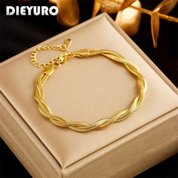 Cadena de eslabones DIEYURO 316L Acero inoxidable Color oro Cadena de serpiente doble Cruce Pulsera torcida para mujeres Moda Niñas Joyería de muñeca Regalos G230208