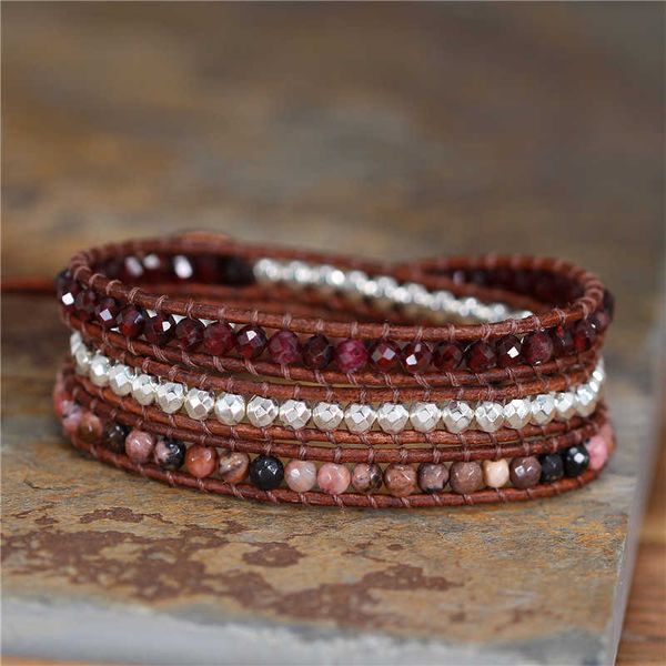 Lien Chaîne Drop Shipping Boho Perle Bracelets Rouge Pierre Naturelle 3 Couches En Cuir Wrap Bracelets Yoga Femmes Déclaration Manchette Bracelets Bijoux G230222