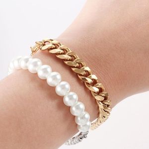 Chaîne à maillons élégant rétro Patchwork titane acier perle cubaine Imitation perle mains bijoux coréen poignet bandes hommes Bracelets Trum22