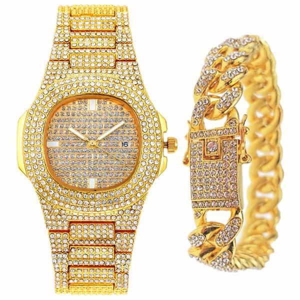 Gliederkette, modischer Charm-Armreif und Uhr für Männer und Frauen, luxuriöser Iced Out kubanischer großer Goldschmuck, Herren-Set, Geschenke