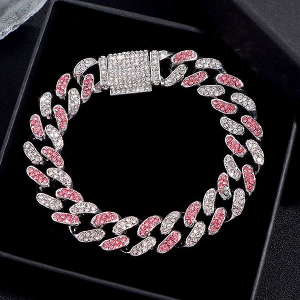 Chaîne de liaison mode Hip Hop Pinstal Crystal Cuban Link Chain Bracelet pour femmes 13 mm en strass pavés