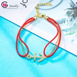 Lien chaîne mode bijoux multicouche charme femmes argent 925 Bracelets ancre Zircon Bracelets homard corde rouge Inte22
