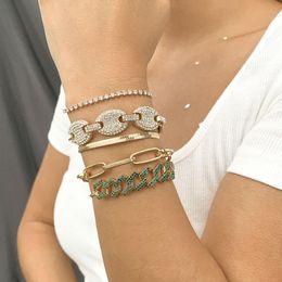 Bracelets géométriques en métal pour femmes, chaîne à maillons, mode hip hop/Rock, perceuse complète, boucle cubaine réglable, bijoux multicouches pour filles