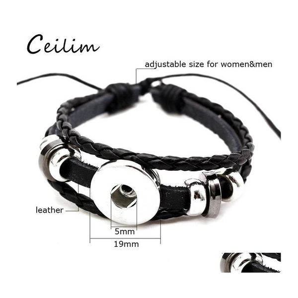 Cadena de eslabones Moda Mtilayer Pulsera de cuero negro Fit 5Mm Botón de metal Nudo ajustable Granos Diy Casual Snap Joyería Regalos Drop De Otujn