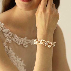Link Chain Fashion Pearls Bridal Bracelet Handmade Gold Color Flower Women Arm Bangle Wedding Party Accessoires Sieraden G23022222