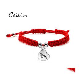 Link Chain Fashion Red Rope Handmade Weave Lucky armbanden voor Mom Sier Gold Compating Legering Letter Charms Thanksgiving Gift Drop del Otjpi