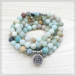 Lien chaîne mode femmes brin bracelets mat givré perles d'amazonite avec lotus OM bouddha charme yoga bracelet 108 collier mala dropship