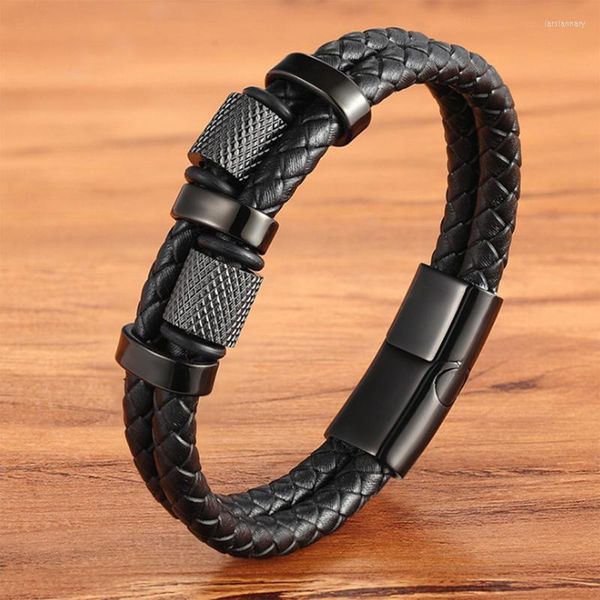 Cadena de eslabones Moda Cuerda de cuero tejida Envoltura Pulsera clásica de acero inoxidable para hombres Diseño de doble capa Retro para papá GiftLink Lars22