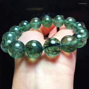 Pulsera de piedras preciosas de cuarzo rutilado verde Natural genuino de cadena de eslabones de Brasil mujeres hombres cuentas redondas de cristal 12mm 13mm 14mm