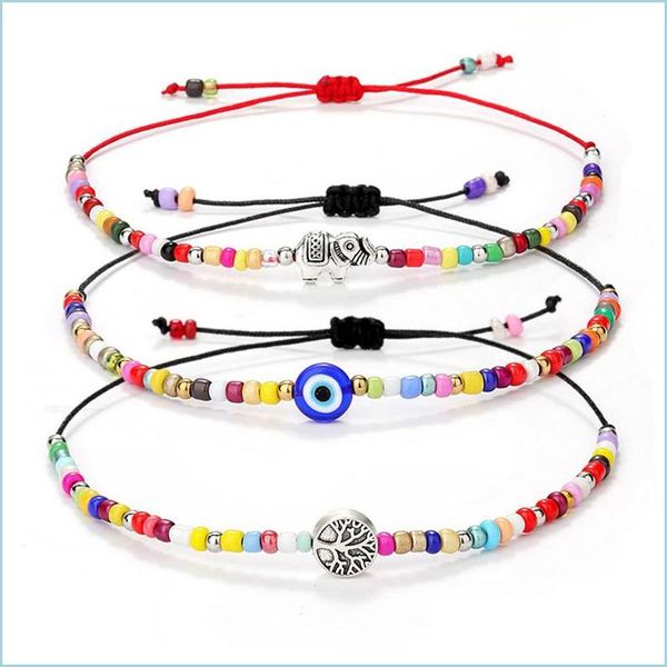 Lien Chaîne Main Tressé Evil Blue Eye Bracelet Chaîne Éléphant Arbre De Vie Charme Arc-En-Perles De Rocaille Bracelets Pour Femmes Filles Ps Dhjk2