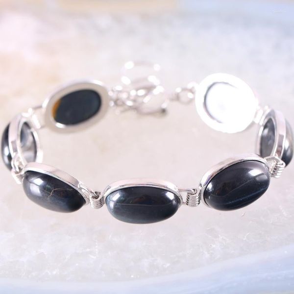 Chaîne à maillons Bijoux faits à la main Bracelet pour femmes Ovale CAB Cabochon Perles Naturel Bleu Oeil de Tigre Réglable 7.5 