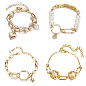 Link, Ketting Hart Ronde Gesp Rose Bloem Onregelmatige Imitatie Parel Gouden Armbanden Voor Vrouwen Meisjes Armband Bangle Party Sieraden