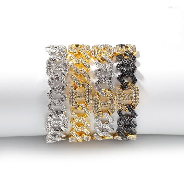 Chaîne à maillons Hip Hop Bling Glacé Strass Carré Cubain Miami Bracelets Pour Hommes Rappeur Bijoux Or Couleur Noir Kent22