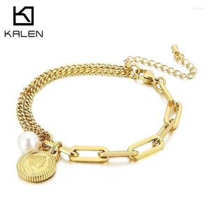 Chaîne de liaison Bracelet de médaille rond à tête humaine titane acier Lady Elizabeth Coin AsymétricalJewelry Kent22