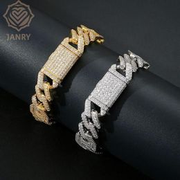 Cadena de eslabones JANRY 15 mm Pesado Miami Baguette Zircon Iced Out Pulsera de eslabones cubanos CZ Pulseras con ajuste de punta Joyería de Hip Hop para hombres 299h