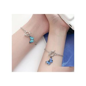 Link Chain Sieraden Classic Blue Butterfly hanger Bracelet voor vrouwen Girl Fashion Simple Word Buckle Friend Drop levering armbanden DHP7F