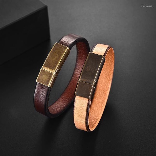 Cadena de eslabones Jiayiqi, pulsera de cuero marrón Simple para hombres, cierre magnético de acero inoxidable, brazaletes de joyería de moda, regalo Trum22