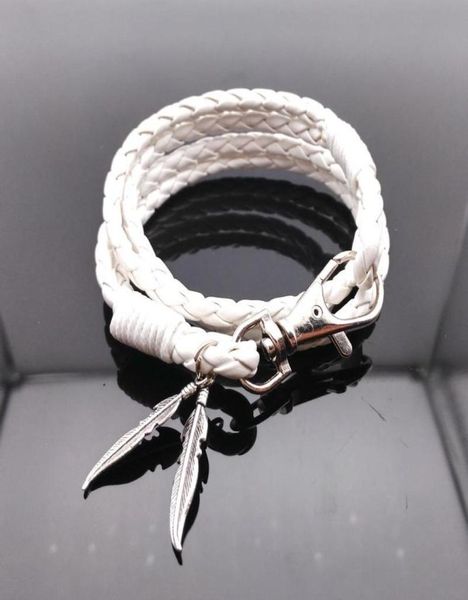 Pulseras de cuero con cadena de eslabones para mujer, pulsera blanca, brazalete trenzado a mano con hoja de planta para hombre, largo 42CMLink LinkLink9498787