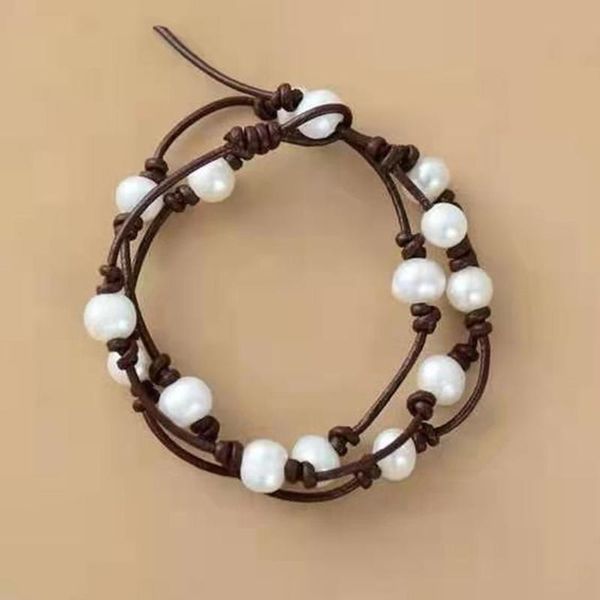 Lien, Chaîne De Luxe Perle En Cuir Cordon Boho Strand Bracelet Noué String Wrap À La Main Perles Naturelles Bijoux