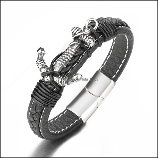 Cadena de eslabones Hombres Ancla Pulsera de cuero Enlace Mtilayer Cuff Envuelto Cuerda Pulsera Cordón negro Muñequera Brazalete Joyería Cierre magnético Dhmfq