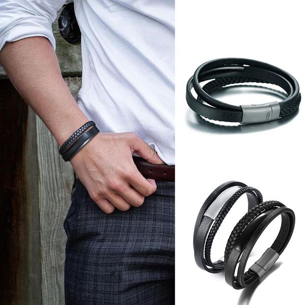 Lien, bracelets pour hommes en chaîne, bracelet en cuir multi-brins, bracelet en cuir, bracelet tressé pour hommes, bracelet en acier inoxydable avec plaque d'identification