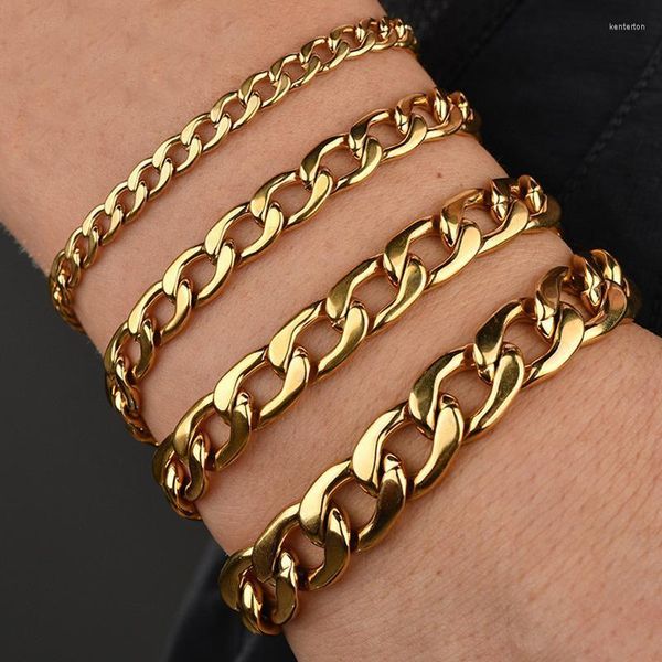 Bracelet en or 18 carats pour hommes et femmes, chaîne à maillons épaisse, bordure cubaine en acier inoxydable, unisexe, bijoux de poignet, cadeaux Kent22