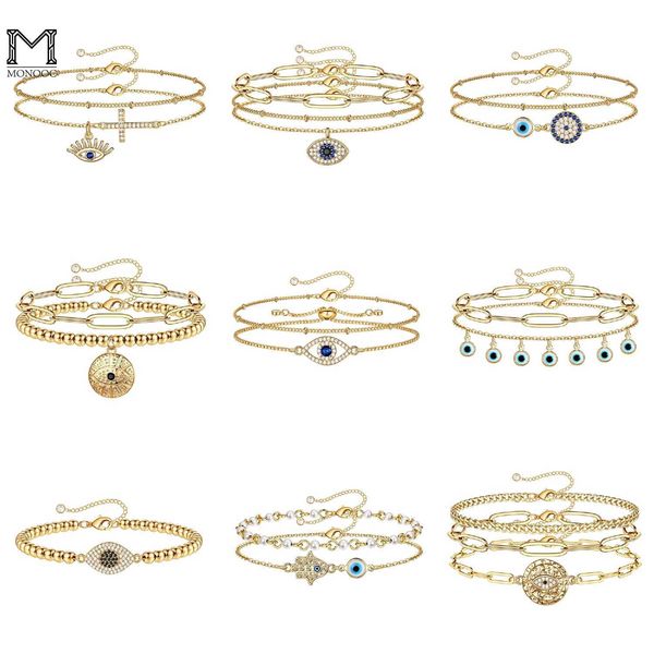 Link Chain Monooc Dainty capas Evil Eye Oscallets 14K Gold Beads ajustable Pulsera Lindo CZ Evil Eye Jewelry for Women G230222