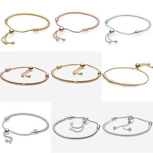 Linkketen Nieuwe 925 Sterling Silver Moments Pav Heart Clasp Snake Chain Slider Bracelet voor vrouwen verstelbare kristalarmband Des sieraden G230222