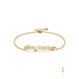 Cadena de eslabones Inglés antiguo 12 Zodiaco Pulsera Enlace para mujeres Chapado en oro Acero inoxidable Leo Capricornio Sagitario Virgo Acuario Lett Otxwr